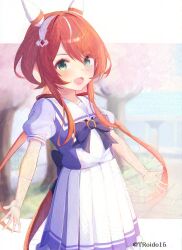 Rule 34 | 1girl, :d, animal ears, blue bow, blue shirt, bow, commentary request, glaze artifacts, highres, horse ears, horse girl, horse tail, long hair, looking at viewer, multicolored hair, open mouth, pleated skirt, puffy short sleeves, puffy sleeves, red hair, roido (taniko-t-1218), school uniform, shirt, short sleeves, skirt, smile, solo, streaked hair, tail, tracen school uniform, tree, twitter username, umamusume, very long hair, white hair, white skirt, win variation (umamusume)
