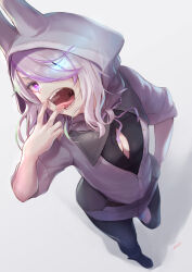 Rule 34 | 1girl, blue eyes, breasts, bright pupils, buttons, cleavage cutout, clothing cutout, detached hood, eyelashes, from above, glowing, glowing eyes, hair over one eye, hand in pocket, heterochromia, highres, hood, hood up, looking at viewer, myuutau tadakichi, open mouth, original, pantyhose, partially unbuttoned, purple eyes, purple hair, purple shirt, sharp teeth, shirt, short sleeves, small breasts, solo, teeth, tongue, tongue out, uvula, v, white pupils