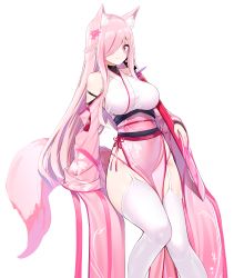 Rule 34 | 1girl, absurdres, animal ear fluff, animal ears, armpit crease, bare shoulders, braid, breasts, detached sleeves, flower, fox ears, fox girl, fox tail, garter straps, hair flower, hair ornament, hair over one eye, highres, japanese clothes, kimono, kurotobi rarumu, large breasts, long hair, long sleeves, looking at viewer, obi, original, panty straps, pelvic curtain, pink eyes, pink hair, pink kimono, sash, sleeves past fingers, sleeves past wrists, smile, solo, tail, thighhighs, thighs, transparent background, very long hair, white thighhighs, wide sleeves