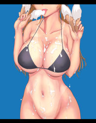Rule 34 | 1girl, alternate costume, anchor hair ornament, bad id, bad pixiv id, bikini, black bikini, blonde hair, blue background, blush, bottomless, breasts, collarbone, food, food on body, groin, hair ornament, highres, holding, holding food, ice cream, ice cream cone, kantai collection, large breasts, letterboxed, long hair, nail polish, navel, open mouth, pandarou, prinz eugen (kancolle), sidelocks, solo, stomach, swimsuit, tan, tanline, tongue, tongue out, twintails, white nails