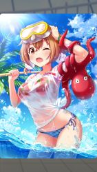 Rule 34 | 1girl, alternative girls, bikini, bikini under clothes, brown eyes, brown hair, day, goggles, goggles on head, highres, holding, looking at viewer, mismatched bikini, momoi hina, octopus, official art, open mouth, palm tree, shirt, short hair, solo, swimsuit, tree, water, wet, wet clothes, white shirt