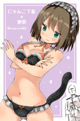 Rule 34 | 10s, 1boy, 1girl, admiral (kancolle), alternate costume, aqua eyes, bare arms, bare shoulders, black panties, blue eyes, blush, bow, bow panties, breasts, brown hair, camera, character name, cleavage, closed mouth, collarbone, cowboy shot, crossed arms, epaulettes, eyebrows, frilled panties, frills, groin, hair ornament, hand on own arm, headdress, holding, holding camera, kantai collection, long sleeves, maya (kancolle), medium breasts, military, military uniform, naval uniform, navel, neck ribbon, orange bow, orange ribbon, panties, ribbon, short hair, stomach, suzuki toto, swimsuit, tail, twitter username, underwear, underwear only, uniform, x hair ornament