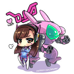 Rule 34 | 1girl, :t, artist name, blush, bodysuit, brown eyes, brown hair, character name, chibi, covered navel, crossed arms, d.va (overwatch), eyebrows, facial mark, fume, headphones, heart, hm (hmongt), long hair, looking at viewer, mecha, meka (overwatch), navel, overwatch, overwatch 1, patreon username, pilot suit, pout, robot, skin tight, solo, standing, swept bangs, watermark, web address, whisker markings
