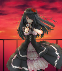 Rule 34 | 1girl, aiming, aiming at viewer, black hair, black thighhighs, date a live, dress, eyepatch, finger on trigger, finger to mouth, flower, frilled dress, frills, goth fashion, gun, hair flower, hair ornament, hair over one eye, handgun, handrail, highres, holding, holding gun, holding weapon, long hair, outdoors, puffy short sleeves, puffy sleeves, red eyes, red flower, red rose, ribbon-trimmed dress, rose, short sleeves, shushing, smile, solo, sunset, thighhighs, tokisaki kurumi, uc-sama, weapon, wristband