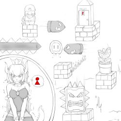 Rule 34 | 1boy, 1girl, armlet, bare shoulders, belt, blush, bowsette, bracelet, breasts, bullet bill, cleavage, clenched teeth, collar, crown, door, dress, english text, faceless, faceless male, facial hair, full body, greyscale, hat, have to pee, holding, horns, jewelry, large breasts, lava bubble, mario, mario (series), monochrome, motion lines, mustache, new super mario bros. u deluxe, nintendo, open mouth, piranha plant, plant, ponytail, potted plant, sharp teeth, shovel, spiked armlet, spiked bracelet, spikes, spot color, standing, strapless, strapless dress, super crown, sweat, tail, teeth, thought bubble, thwomp, tongue, toudo no kaeru, trembling, uneven eyes, v arms
