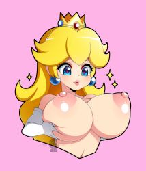 Rule 34 | 1girl, artist logo, artist name, black outline, blonde hair, blue eyes, breast focus, breast lift, breasts, cropped torso, crown, deep skin, earrings, elbow gloves, eyelashes, gloves, hands up, heart, heart-shaped pupils, highres, jewelry, large breasts, lips, long hair, looking at breasts, looking down, mario (series), navel, nintendo, nipples, nude, outline, parted lips, perky breasts, pink background, pink lips, princess, princess peach, puckered lips, puffy nipples, shiny skin, simple background, smile, solo, sparkle, super mario bros. 1, symbol-shaped pupils, teeth, thick lips, totallyiryanic, upper body, white gloves