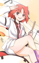 Rule 34 | 1girl, drum, drum set, drumsticks, hand on own head, highres, holding, horikawa raiko, instrument, musical note, necktie, open mouth, red eyes, red hair, short hair, signature, sitting, sketch, skirt, smile, solo, taiko drum, touhou, yuzuna99