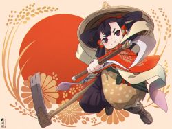 Rule 34 | 1girl, black hair, brown background, brown footwear, brown hat, closed mouth, commentary request, full body, hair rings, hakama, hakama pants, hat, highres, hoe, holding, japanese clothes, kimono, kuro kosyou, long sleeves, looking at viewer, pants, purple pants, red background, red eyes, red kimono, rice hat, sakuna-hime, sickle, smile, solo, tensui no sakuna-hime, thick eyebrows, two-tone background, v-shaped eyebrows, wide sleeves