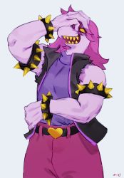Rule 34 | 1girl, arm up, armlet, artist name, bare shoulders, bebebe, belt, black vest, blank eyes, bracelet, colored skin, deltarune, female focus, freckles, furry, furry female, grey background, hand on own face, heart, jewelry, open mouth, pants, purple hair, purple pants, purple shirt, purple skin, sharp teeth, shirt, short hair, signature, simple background, sleeveless, sleeveless shirt, smile, solo, spiked bracelet, spikes, standing, susie (deltarune), teeth, torn vest, vest, yellow eyes