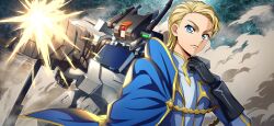 Rule 34 | 1boy, artist request, black gloves, blonde hair, blue cape, blue eyes, cape, closed mouth, code geass, code geass: lost stories, code geass (manga), dust, dutch angle, firing, forehead, game cg, gloves, gold trim, gun, hand up, highres, holding, holding gun, holding weapon, jacket, long sleeves, looking at viewer, male focus, mecha, military uniform, muzzle flash, non-web source, official art, one-eyed, outdoors, red eyes, robot, schnee hexenhaus, serious, shirt, short hair, side cape, solo, standing, sutherland (code geass), sutherland custom (schnee version), uniform, upper body, v-shaped eyebrows, weapon, white jacket, white shirt