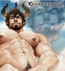 Rule 34 | 1boy, abs, animal ears, bara, barawa, brown eyes, brown hair, chinese zodiac, completely nude, cow ears, cow horns, draph, facial hair, from below, goatee, granblue fantasy, horns, large pectorals, looking at viewer, male focus, male pubic hair, mature male, messy hair, muscular, muscular male, navel, navel hair, nipples, nude, pectorals, pointy ears, projected inset, pubic hair, rumlockerart, short hair, smile, solo, stomach, veins, year of the ox