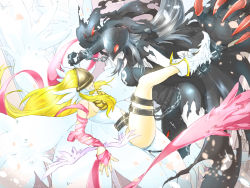 Rule 34 | 2girls, angel, angel and devil, angel wings, angewomon, armor, artist request, ass, bare shoulders, belt, blonde hair, boots, breast press, breastplate, breasts, catsuit, chain, claws, cleavage, clothing cutout, demon girl, digimon, digimon adventure, elbow gloves, female focus, gloves, helmet, high heel boots, high heels, kneeling, ladydevimon, large breasts, lips, long hair, mask, multiple girls, multiple wings, navel cutout, pale skin, red eyes, ribbon, seal (animal), shoes, single elbow glove, single glove, skin tight, skull, torn clothes, tower, very long hair, visor, white hair, wings
