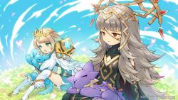 Rule 34 | 2girls, blonde hair, blue eyes, blue hair, blue sky, bug, butterfly, closed mouth, company name, copyright name, crossover, crown, day, dragalia lost, dragon, closed eyes, feather trim, fire emblem, fire emblem heroes, fjorm (fire emblem), flower, gradient hair, grass, grey hair, hair ornament, bug, long hair, long sleeves, multicolored hair, multiple girls, nintendo, official art, open mouth, red eyes, sitting, sky, sleeping, veronica (fire emblem)