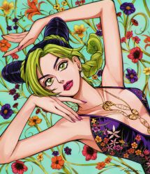 Rule 34 | 1girl, blue background, breasts, cleavage, commentary, english commentary, flower, green eyes, green hair, highres, jewelry, jojo no kimyou na bouken, kuujou jolyne, looking at viewer, lying, medium breasts, necklace, pink nails, ponsu (ponzuxponzu), solo, stone ocean, upper body