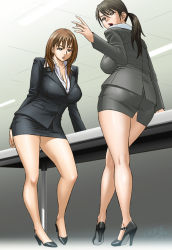 Rule 34 | 2girls, breasts, business suit, cleavage, curvy, formal, glasses, high heels, hip focus, huge breasts, impossible clothes, legs, minidress, miniskirt, multiple girls, office lady, original, panties, pantylines, pencil skirt, pumps, shoes, skirt, skirt suit, standing, suit, tatsunami youtoku, thighs, underwear, wide hips