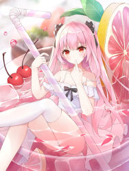 Rule 34 | 1girl, absurdres, alternate costume, bare shoulders, blurry, blurry background, breasts, cherry, collarbone, crossed legs, cup, dress, drinking straw, finger to mouth, food, fruit, grapefruit, grapefruit slice, hair ornament, hair ribbon, highres, holding, hololive, kebin no shio amaou, long hair, looking at viewer, mini person, minigirl, red eyes, ribbon, shirt, single thighhigh, sitting, small breasts, solo, strap slip, thighhighs, two side up, uruha rushia, virtual youtuber, white shirt, white thighhighs