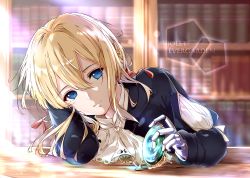 Rule 34 | 1girl, ascot, bad id, bad pixiv id, blonde hair, blue eyes, blue jacket, blurry, blurry background, character name, closed mouth, copyright name, hair between eyes, highres, jacket, jewelry, leaning to the side, long hair, long sleeves, necklace, prosthesis, prosthetic hand, shi-2, shirt, smile, solo, unworn jewelry, unworn necklace, upper body, violet evergarden, violet evergarden (series), white ascot, white shirt