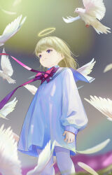 Rule 34 | 1girl, absurdres, agwing86, angel, bird, blonde hair, blue eyes, closed mouth, dress, feathered wings, from below, halo, highres, long hair, long sleeves, original, pantyhose, sailor collar, solo, white dress, white pantyhose, wings