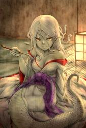 Rule 34 | 1girl, bad id, bad pixiv id, bare shoulders, breasts, cleavage, colored skin, grey skin, japanese clothes, kimono, lamia, long hair, looking at viewer, mametama5, monster girl, off shoulder, original, smoking pipe, pointy ears, silver hair, snake hair, solo, yellow eyes