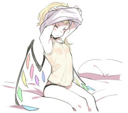 Rule 34 | 1girl, asutora, bed sheet, black panties, blonde hair, camisole, closed mouth, crystal, closed eyes, flandre scarlet, long hair, panties, pillow, side ponytail, simple background, sitting, solo, touhou, underwear, undressing, white background, wings, yellow camisole
