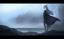 Rule 34 | 1girl, animal ears, anna (drw01), black cape, black footwear, blush, boots, brown eyes, cape, cat ears, commission, floating hair, fog, fur-trimmed cape, fur trim, grey hair, highres, letterboxed, long hair, looking at viewer, looking back, original, outdoors, pixiv commission, solo, straight hair, thigh boots, thighhighs, very long hair, watarai alice