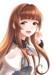 Rule 34 | 1girl, american flag neckwear, blunt bangs, blush, breasts, brown hair, commentary, green eyes, helena (kancolle), kantai collection, long hair, long sleeves, medium breasts, mugiaki, open mouth, sidelocks, simple background, solo, upper body, white background