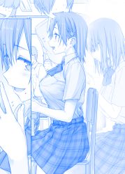 Rule 34 | 2boys, 4girls, blue theme, breasts, chair, comic, commentary, desk, faceless, faceless female, faceless male, getsuyoubi no tawawa, glance, glasses, hair ornament, hairpin, himura kiseki, large breasts, looking at viewer, mole, mole under mouth, monochrome, multiple boys, multiple girls, original, school, school chair, school desk, school uniform, short hair, silent comic, sitting