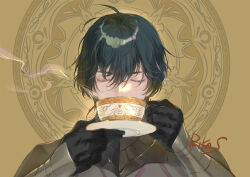 Rule 34 | 1boy, armor, black gloves, blue hair, byleth (fire emblem), byleth (male) (fire emblem), closed eyes, cup, drinking, fire emblem, fire emblem: three houses, gloves, hair between eyes, highres, holding, holding cup, holding plate, male focus, nintendo, plate, short hair, solo, suzuki rika, tea, yellow background
