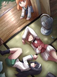 Rule 34 | 3girls, arm over head, arm support, arm up, bartender, black hair, black legwear, black neckwear, blonde hair, blouse, blunt bangs, bookshelf, bow, bowtie, brown vest, closed eyes, closed mouth, commentary, cup, cutlass (girls und panzer), dress shirt, drinking glass, electric fan, fetal position, girls und panzer, hairband, hand on own stomach, highres, kitayama miuki, kneeling, leaning forward, long hair, long sleeves, looking at another, lying, miniskirt, multiple girls, neckerchief, on back, on side, ooarai school uniform, open mouth, orange eyes, orange hair, outdoors, parted lips, pleated skirt, reizei mako, school uniform, serafuku, shirt, short hair, skirt, sleeping, smile, socks, takebe saori, tatami, vest, white hairband, white shirt, white skirt, wing collar, wooden floor