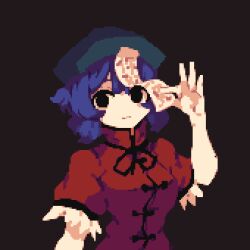 Rule 34 | 1girl, 4qw5, arm at side, arm up, bare arms, black eyes, blue hair, breasts, closed mouth, eyebrows hidden by hair, grey background, hat, holding, jiangshi, light smile, looking at viewer, medium breasts, miyako yoshika, ofuda, pixel art, red shirt, shirt, short sleeves, simple background, solo, touhou, upper body