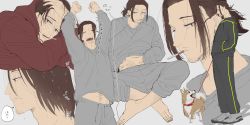 Rule 34 | 1boy, akahiro hirata, animal, arms up, barefoot, black pants, brown hair, cigarette, clenched hand, dog, closed eyes, facial hair, grey shirt, highres, hood, hoodie, kaze ga tsuyoku fuiteiru, male focus, mouth hold, mrkk, multiple views, pants, ponytail, red hoodie, shirt, shoes, sidelocks, sitting, sneakers, stubble, sweatpants, sweater, track suit, yawning