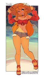 Rule 34 | 1girl, absurdres, beach, black eyes, border, breasts, character name, choker, cropped sweater, cutoffs, denim, denim shorts, exposed pocket, hair ornament, hairclip, hands on headwear, hat, highres, jewelry, legs, long hair, medium breasts, mole, mole on breast, mole under eye, navel, negsus, off-shoulder sweater, off shoulder, one eye closed, orange hair, original, outdoors, red sweater, sandals, shorts, sidelocks, smile, solo, stomach, sweater, tan, tanline, teeth, thai (negsus), toe ring, toes, twitter username, water, white border