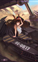 Rule 34 | &gt;:), 1girl, animal hat, arm support, arm up, artist name, bad id, bad pixiv id, banjiu e&#039;vik, blue eyes, brown hair, closed mouth, floating hair, goggles, hat, long hair, looking at viewer, original, outdoors, peaked cap, rabbit hat, sand, shirt, sleeveless, sleeveless shirt, solo, twintails, v, v-shaped eyebrows, watermark, white shirt