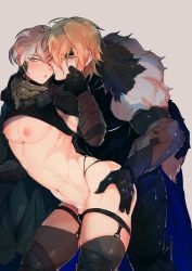 Rule 34 | abs, armor, black armor, black gloves, blonde hair, byebyefr0g, byefrog, byleth (fire emblem), byleth (male) (fire emblem), cape, dimitri alexandre blaiddyd, fire emblem, fire emblem: three houses, gloves, green hair, holding head, legwear garter, looking at viewer, looking to the side, male focus, navel, nintendo, nipples, tagme, teacher and student, thighhighs, yaoi