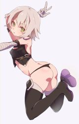 Rule 34 | 1girl, absurdres, ass, bandages, black panties, boots, breasts, butt crack, covered erect nipples, crop top, fate/apocrypha, fate/grand order, fate (series), female focus, green eyes, highres, jack the ripper (fate/apocrypha), looking at viewer, panties, sasabe opika, scar, scar across eye, scar on face, shoulder tattoo, simple background, small breasts, solo, tattoo, thigh boots, thighhighs, underwear, v, wedgie, white hair