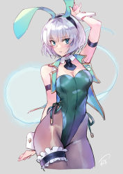 Rule 34 | 1girl, alternate costume, animal ears, arm strap, arm up, ascot, bare shoulders, black ascot, black hairband, blue eyes, blush, breasts, bridal garter, cleavage, commentary request, detached collar, fake animal ears, green leotard, grey background, groin, hairband, highres, hitodama, konpaku youmu, konpaku youmu (ghost), leotard, looking at viewer, matsuda (matsukichi), medium breasts, pantyhose, parted lips, playboy bunny, rabbit ears, short hair, silver hair, simple background, solo, standing, strapless, strapless leotard, touhou, wrist cuffs
