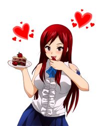 Rule 34 | 1girl, blouse, blush, breasts, brown eyes, cake, erza scarlet, fairy tail, food, heart, large breasts, long hair, red hair, sbel02 (artist), shirt, skirt, smile