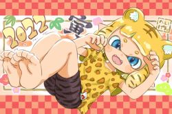 Rule 34 | 1girl, 2022, :d, animal ear fluff, animal ears, animal print, barefoot, blonde hair, blue eyes, chinese zodiac, dot nose, extra ears, fangs, highres, ikaheigen, inkling, inkling girl, leopard print, looking at viewer, nintendo, open mouth, pointy ears, purple shorts, shirt, short hair, short sleeves, shorts, smile, solo, splatoon (series), t-shirt, tentacle hair, tiger ears, tiger print, toe scrunch, year of the tiger, yellow shirt
