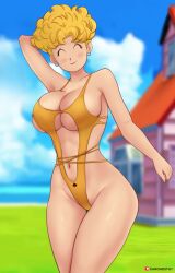 Rule 34 | 1girl, ^ ^, armpits, arms up, biting, blonde hair, blue sky, breasts, cleavage, closed eyes, clothing cutout, curly hair, curvy, dragon ball, gummslime, highleg, highleg swimsuit, highres, large breasts, mature female, midriff, navel, navel cutout, panchy, shiny skin, short hair, simple background, sky, smile, swimsuit, thick thighs, thighs, thong one-piece swimsuit, wide hips