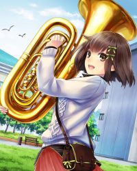 Rule 34 | 1girl, :d, absurdres, bird, blue sky, brown eyes, brown hair, cloud, day, euphonium, green ribbon, grey sweater, hair ribbon, highres, holding, holding instrument, instrument, open mouth, outdoors, pleated skirt, red skirt, ribbon, school fanfare, short hair, skirt, sky, smile, solo, standing, sweater