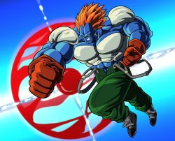 Rule 34 | 1boy, abs, android 13 (fused), attack, aura, bare shoulders, colored sclera, colored skin, dragon ball, energy, fighting stance, flying, gloves, green pants, highres, looking away, looking to the side, male focus, multicolored skin, muscular, muscular arms, muscular legs, muscular male, no pupils, orange hair, orb, ornament, pants, pectorals, power, solo, suspenders, yellow sclera