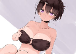 Rule 34 | 1girl, absurdres, bandeau, bare arms, bare shoulders, bikini, blush, breasts, brown bikini, brown hair, cleavage, closed mouth, dutch angle, eyes visible through hair, hair between eyes, highres, large breasts, looking at viewer, o-ring, o-ring bikini, original, ponytail, purple eyes, rucchiifu, short hair, sitting, solo, strapless, strapless bikini, swimsuit