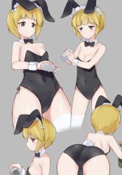 Rule 34 | 10s, 1girl, animal ears, ass, bad id, bad pixiv id, bare shoulders, bent over, black leotard, blonde hair, blush, breasts, cleavage, closed mouth, commentary request, covered navel, cutlass (girls und panzer), detached collar, fake animal ears, girls und panzer, highres, leotard, looking at viewer, maid headdress, multiple tails, playboy bunny, rabbit ears, rabbit tail, shiny skin, short hair, small breasts, standing, strapless, strapless leotard, tail, wrist cuffs, yellow eyes, yoi naosuke