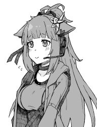 Rule 34 | 1girl, absurdres, animal ears, arknights, blush, breasts, cat ears, closed mouth, collarbone, ear protection, flying sweatdrops, greyscale, headset, highres, jacket, jessica (arknights), kumamu, long hair, looking away, medium breasts, monochrome, open clothes, open jacket, ponytail, simple background, smile, solo, upper body, very long hair, white background
