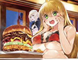 Rule 34 | 2girls, blonde hair, blush, breasts, burger, drooling, green eyes, large breasts, long hair, medium breasts, multiple girls, navel, open mouth, sitting, solo focus, sparkling eyes, teeth