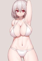 Rule 34 | 1girl, arm behind head, arm up, armpits, asamura hiori, azur lane, bare shoulders, bikini, blush, breasts, cleavage, closed mouth, collarbone, highres, large breasts, looking at viewer, md5 mismatch, navel, red eyes, short hair, simple background, sirius (azur lane), smile, solo, swimsuit, thighs, white bikini, white hair, white theme