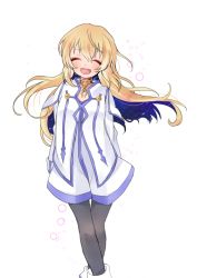 Rule 34 | 00s, 1girl, :d, arms behind back, bad id, bad pixiv id, black pantyhose, blonde hair, blush, choker, colette brunel, closed eyes, long hair, oonishi nakanishi konishi, open mouth, pantyhose, smile, solo, tales of (series), tales of symphonia, thigh gap, white background