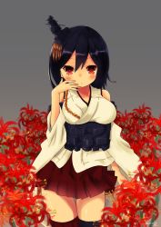 Rule 34 | 10s, 1girl, black hair, blouse, detached sleeves, flower, hair ornament, headgear, highres, japanese clothes, kantai collection, momimaki, nontraditional miko, red eyes, shirt, short hair, skirt, solo, spider lily, wide sleeves, yamashiro (kancolle)