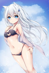 Rule 34 | 1girl, animal ears, bare shoulders, bikini, black bikini, blue eyes, blue skirt, blush, breasts, cat ears, chinese commentary, cleavage, clothing cutout, cloud, collarbone, commentary request, cowboy shot, day, floating hair, hair between eyes, hair ornament, hand on own chest, highres, looking at viewer, medium breasts, midriff, navel, off-shoulder jacket, off shoulder, original, sidelocks, silver hair, skirt, solo, standing, swimsuit, umou (may65879), underboob, underboob cutout