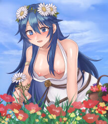 Rule 34 | 1girl, absurdres, armlet, bare shoulders, birthmark, blue eyes, blue hair, blush, breasts, collarbone, commission, downblouse, dress, embarrassed, fire emblem, fire emblem awakening, fire emblem heroes, flower, hair between eyes, hair flower, hair ornament, hazuki (nyorosuke), head wreath, highres, holding, holding flower, long hair, looking down, loose clothes, lucina (fire emblem), lucina (valentine) (fire emblem), nintendo, nipples, official alternate costume, outdoors, skeb commission, sleeveless, sleeveless dress, small breasts, smile, solo, surprised, symbol in eye, wardrobe malfunction, white dress